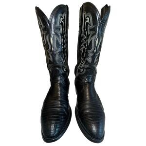 VTG Tony Lama Exotic Collection Western Boot Black Teju Lizard Leather Men SZ 9D